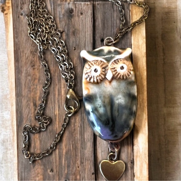 Ceramic Owl Pendant Necklace with Heart Charm Owl necklace. Ceramic owl pendant - Picture 14 of 16
